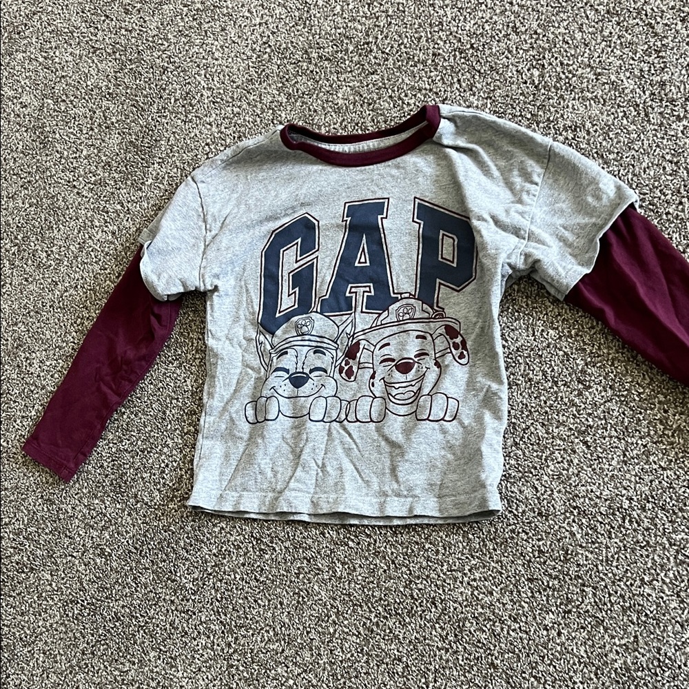 Lightly used Baby GAP boy’s Paw Patrol graphic long-sleeved tee in gray & maroon